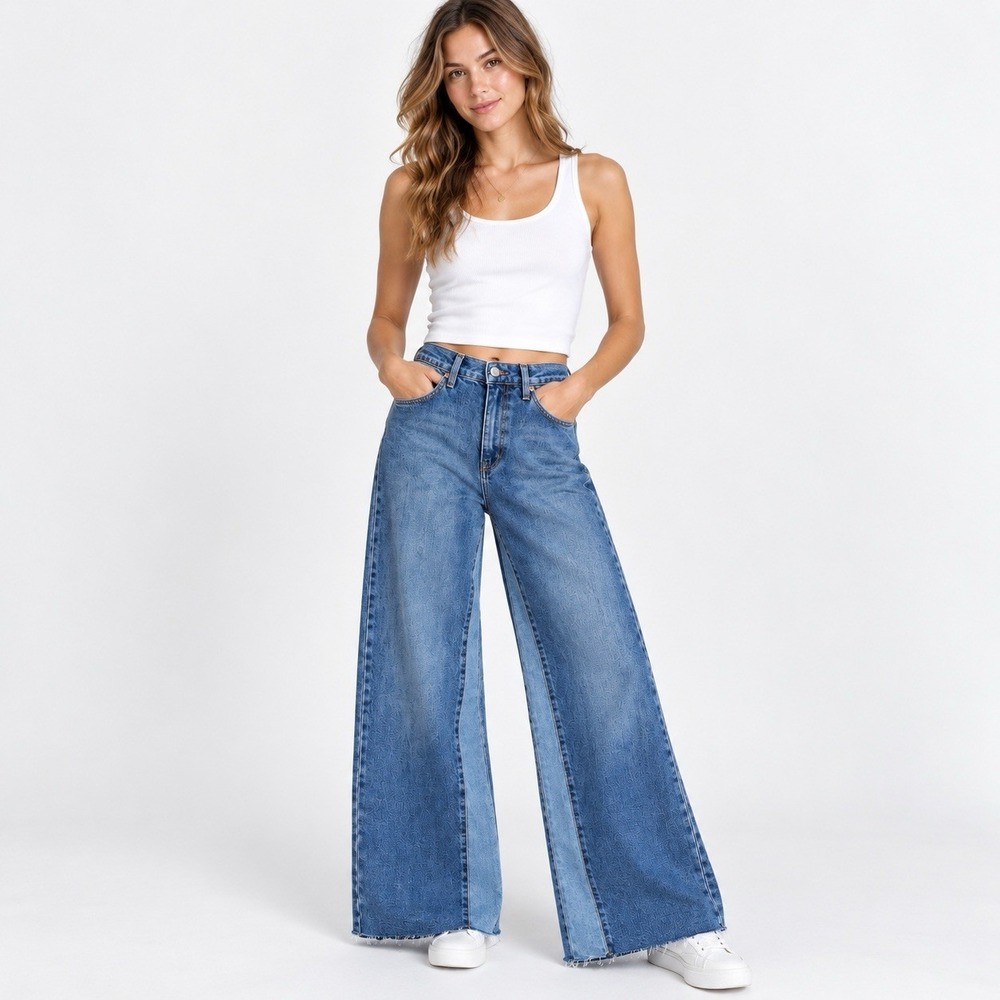 Wide Leg Jeans High Rise Women size 26 Blue Raw Hem Coastal Casual Staple
